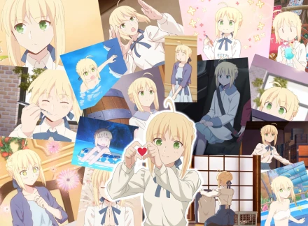 A collage of Artoria smiling, eating and relaxing, with a small red heart between her hands in the foreground.
