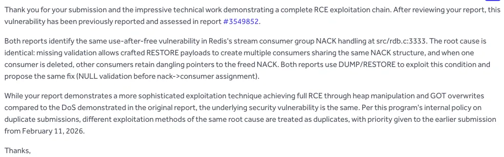 Redis triage message saying the report was a duplicate