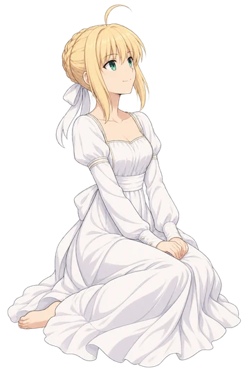Artoria sitting quietly in her white Last Episode dress